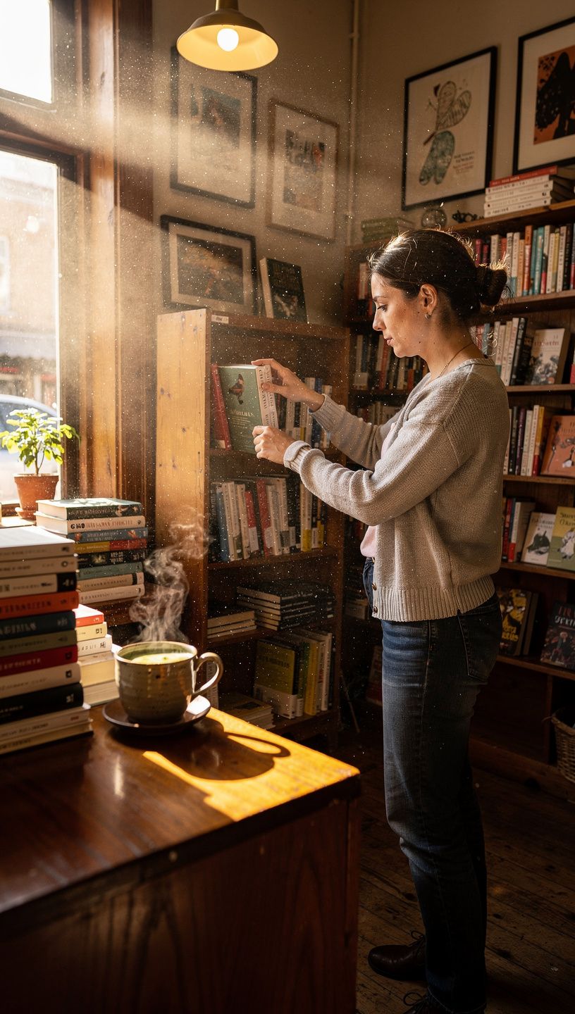 書店の内装と温かみのある読書スペースの風景。